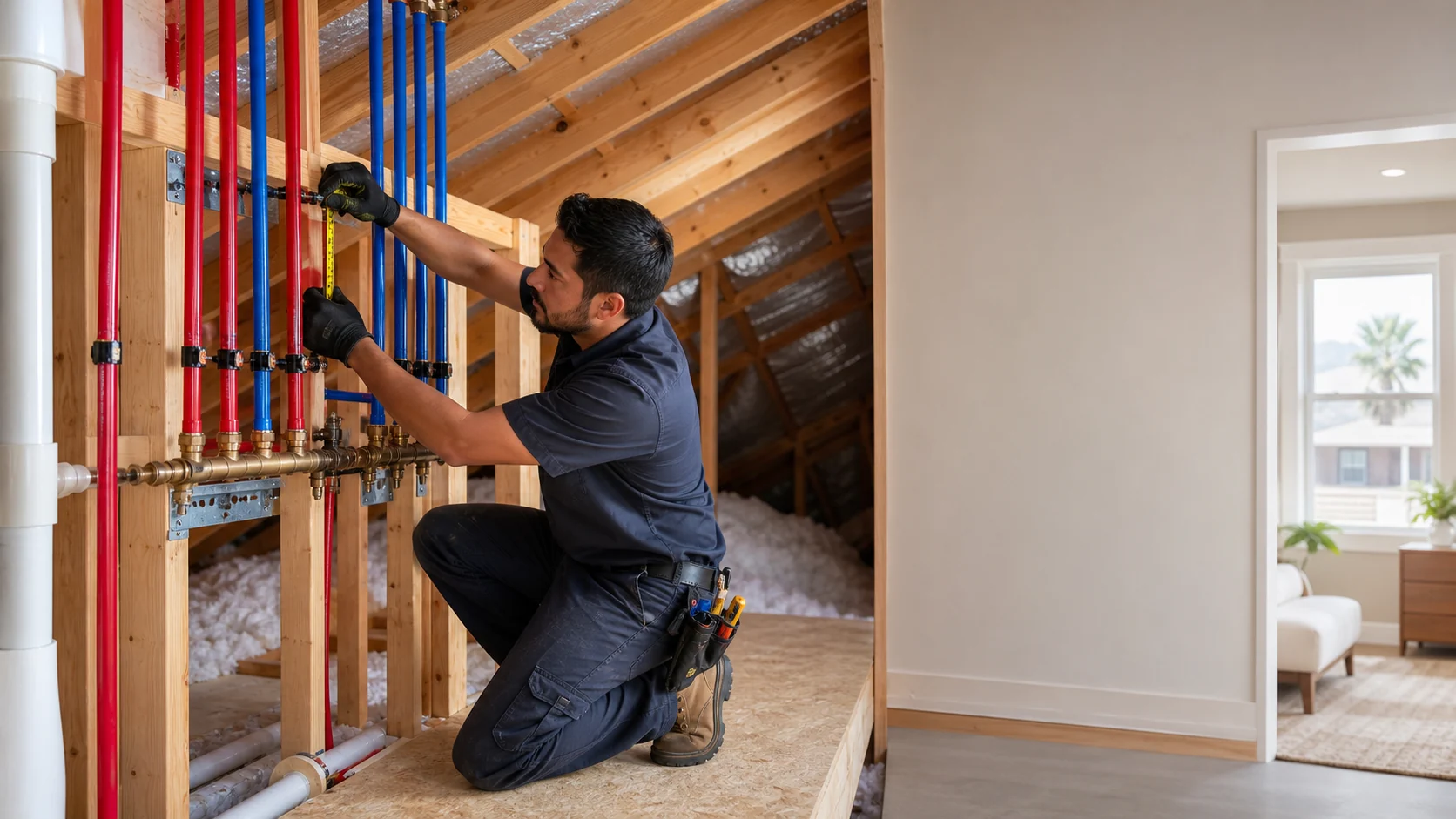 Plumbing technician measuring organized red and blue PEX supply lines during a Houston home repipe